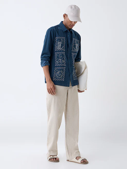 ETA Dark Teal Embroidered Relaxed Fit Cotton Shirt - Image 2