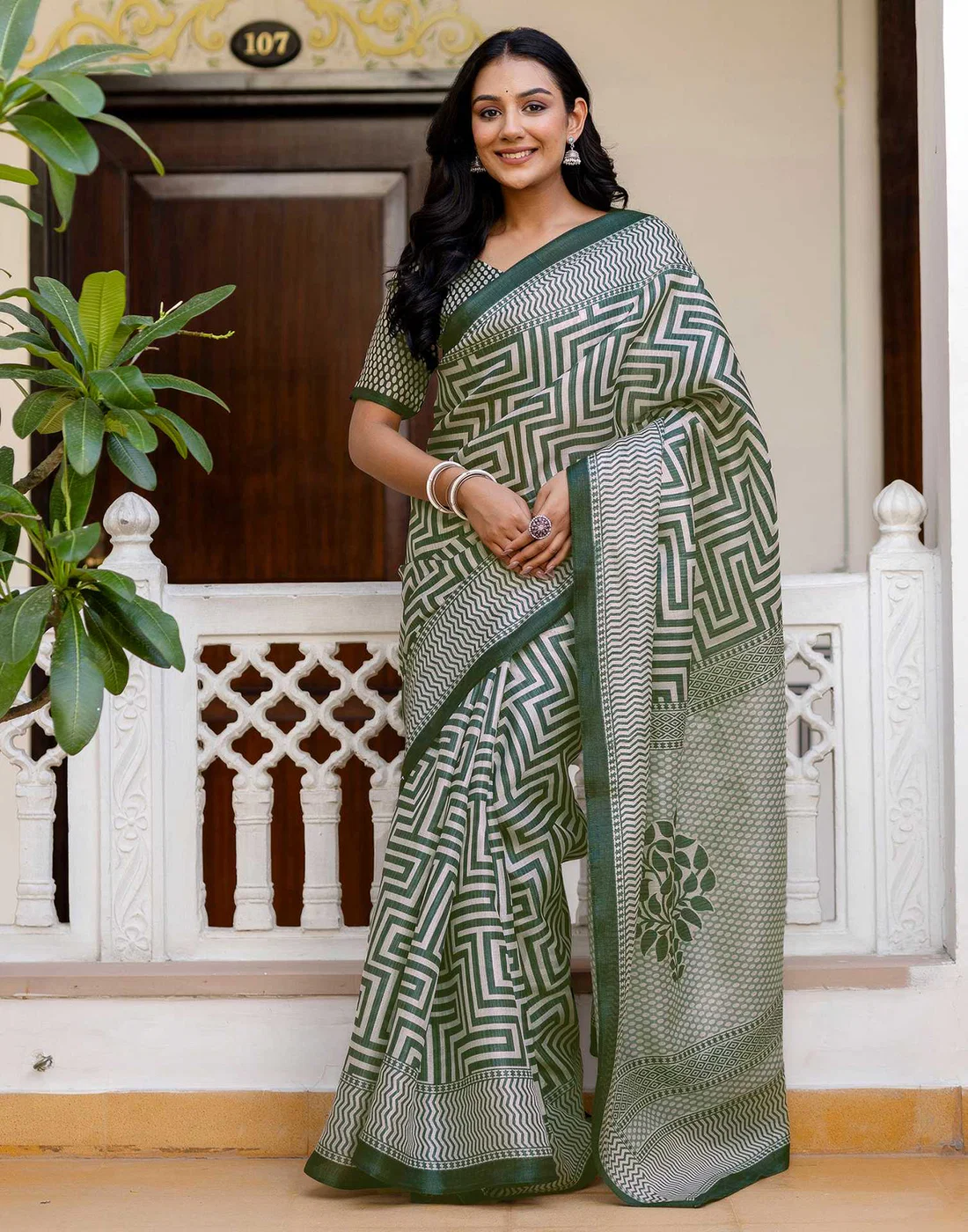 Dark Green Khadi Printed Saree for Elegant Ethnic & Daily Wear - Image 3