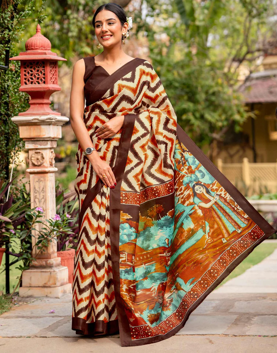 Beige Khadi Printed Saree for Elegant Ethnic & Daily Wear - Image 3