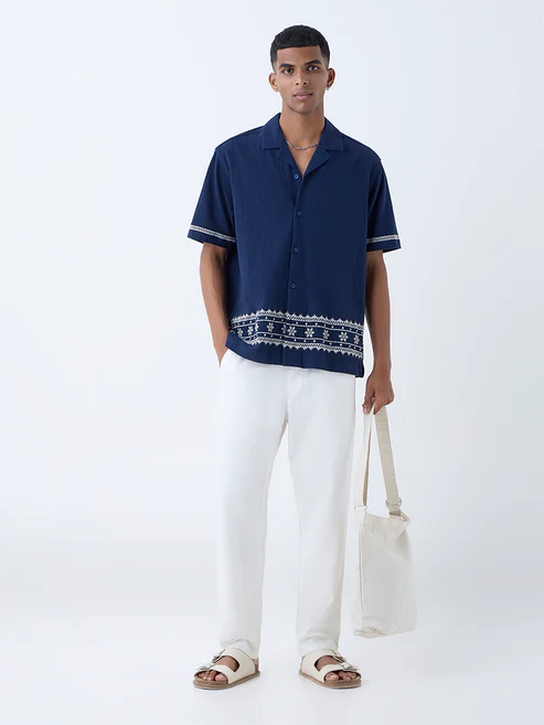 ETA Navy Embroidered Relaxed-Fit Cotton Shirt - Image 2