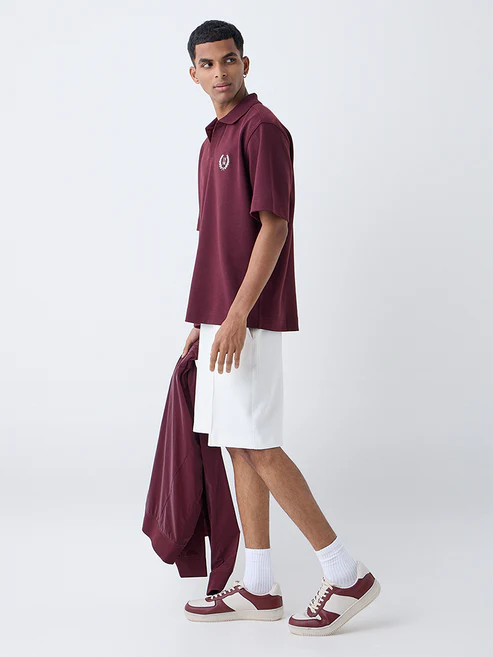 Studiofit Maroon Embroidered Relaxed-Fit Polo T-Shirt - Image 2