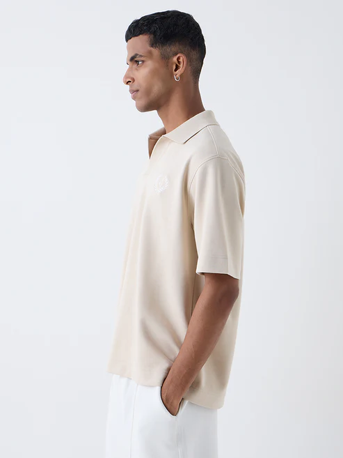 Studiofit Beige Relaxed-Fit Cotton-Blend Polo T-Shirt - Image 2