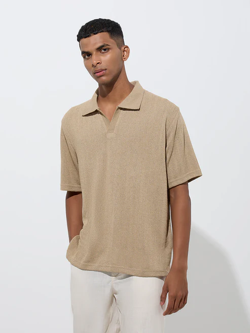 ETA Taupe Knit-Textured Relaxed-Fit Polo T-Shirt - Image 2