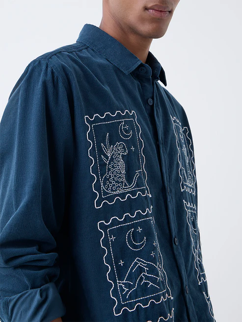 ETA Dark Teal Embroidered Relaxed Fit Cotton Shirt - Image 3