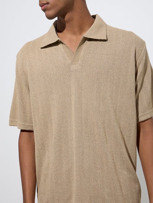 ETA Taupe Knit-Textured Relaxed-Fit Polo T-Shirt - Image 3