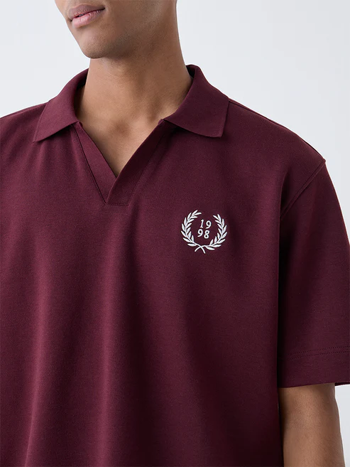 Studiofit Maroon Embroidered Relaxed-Fit Polo T-Shirt - Image 3