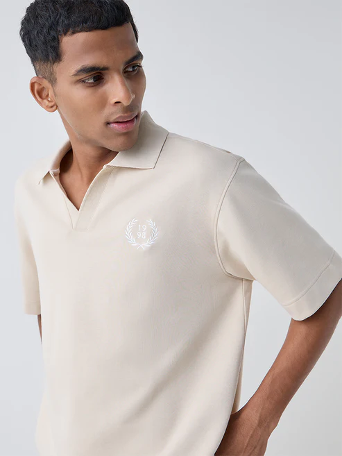 Studiofit Beige Relaxed-Fit Cotton-Blend Polo T-Shirt - Image 3