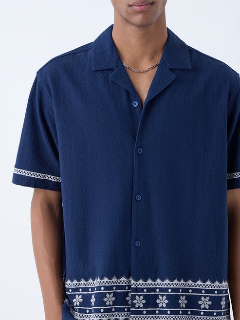 ETA Navy Embroidered Relaxed-Fit Cotton Shirt - Image 3