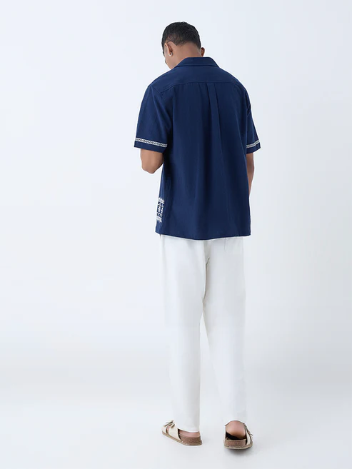 ETA Navy Embroidered Relaxed-Fit Cotton Shirt - Image 4