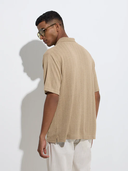 ETA Taupe Knit-Textured Relaxed-Fit Polo T-Shirt - Image 4