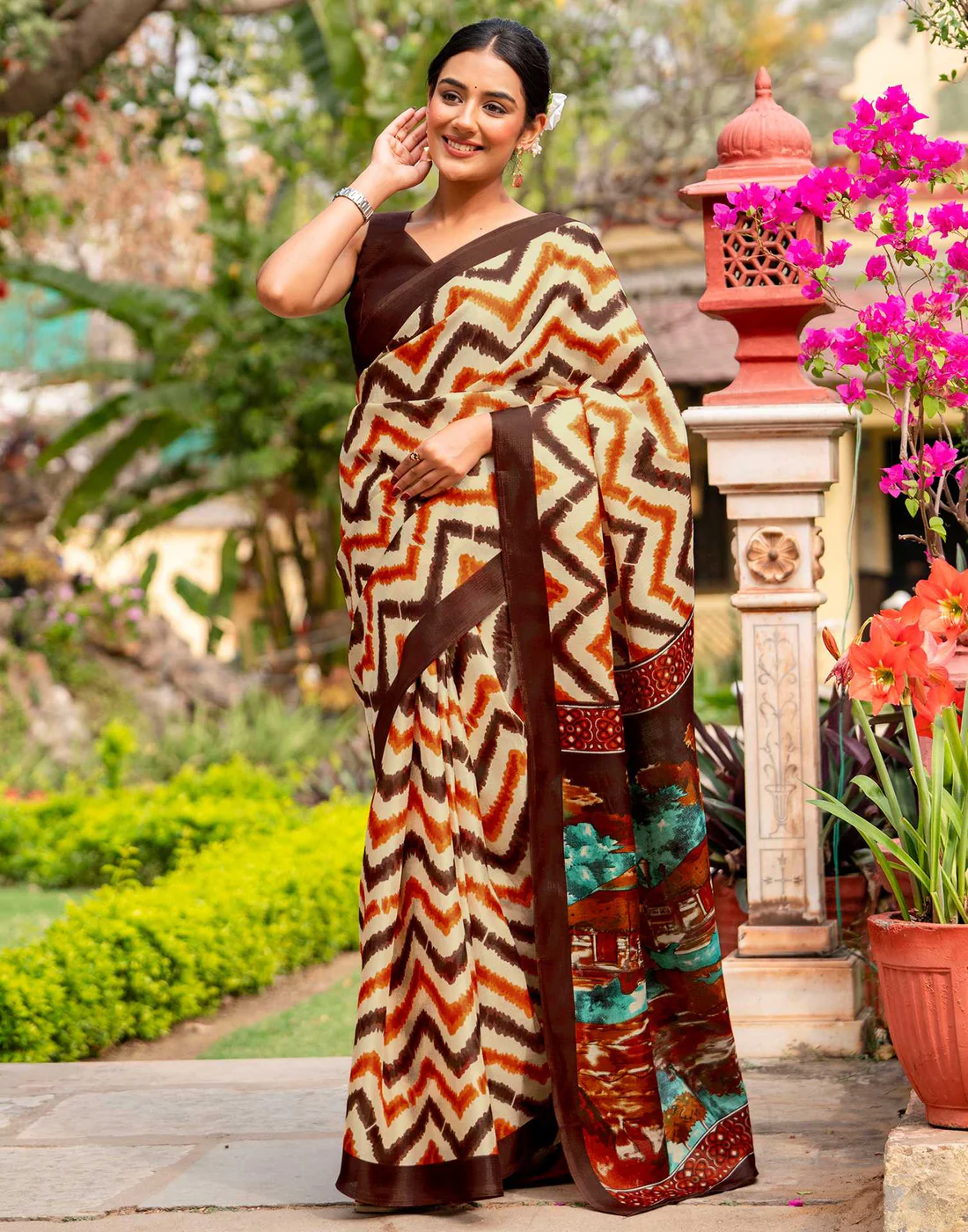 Beige Khadi Printed Saree for Elegant Ethnic & Daily Wear - Image 5
