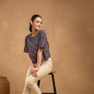 Blue Cotton Ajrakh Printed Short Top for Casual Elegance