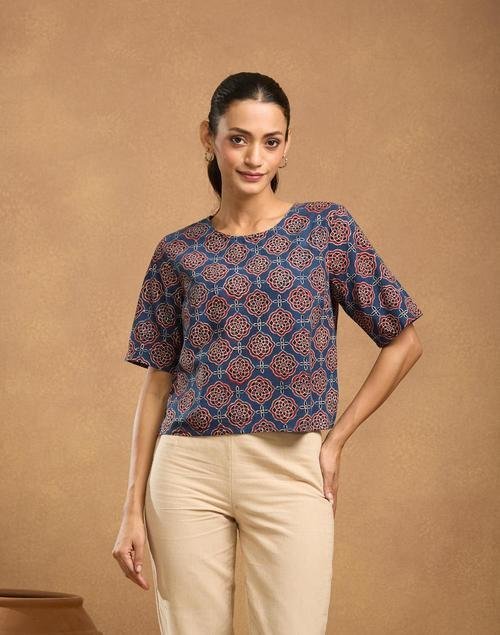 Blue Cotton Ajrakh Printed Short Top for Casual Elegance - Image 2