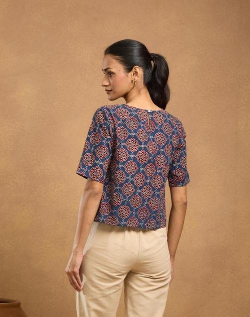 Blue Cotton Ajrakh Printed Short Top for Casual Elegance - Image 3
