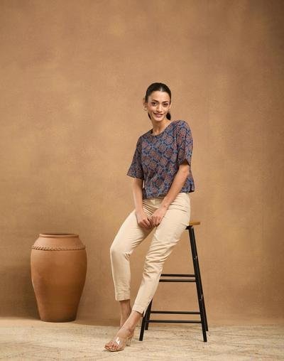 Blue Cotton Ajrakh Printed Short Top for Casual Elegance - Image 4