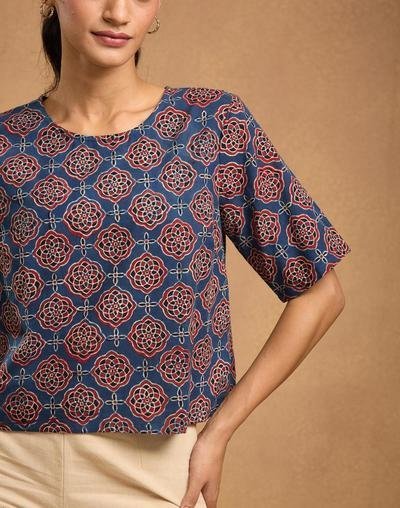 Blue Cotton Ajrakh Printed Short Top for Casual Elegance - Image 5