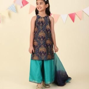 Navy Cotton Silk Blend Hand Block Printed 3pc Palazzo Set