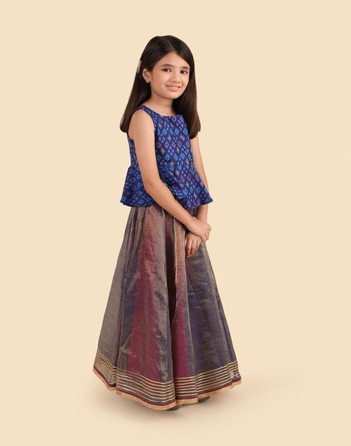Blue Cotton Silk Blend Ikat 2pc Lehenga Set - Image 2