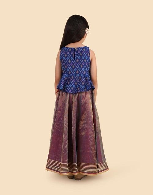 Blue Cotton Silk Blend Ikat 2pc Lehenga Set - Image 3