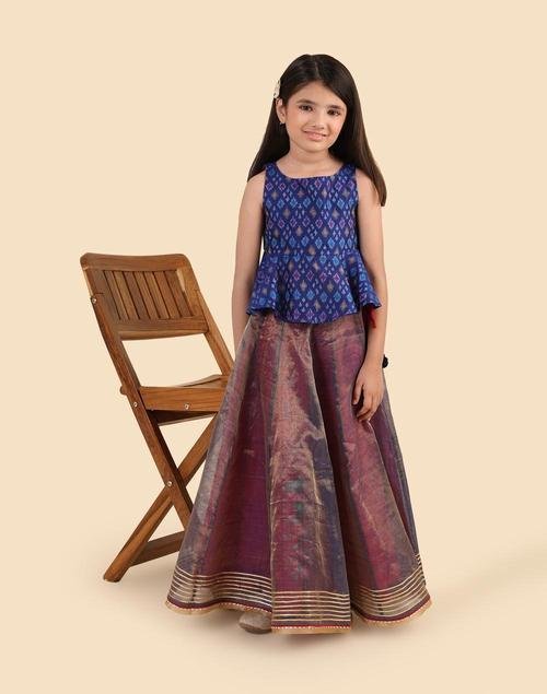 Blue Cotton Silk Blend Ikat 2pc Lehenga Set - Image 4