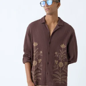 ETA Brown Floral Embroidered Relaxed-Fit Cotton Shirt