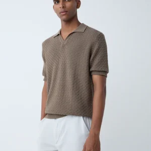 ETA Brown Knit-Textured Relaxed-Fit Cotton Polo T-Shirt