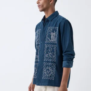 ETA Dark Teal Embroidered Relaxed Fit Cotton Shirt