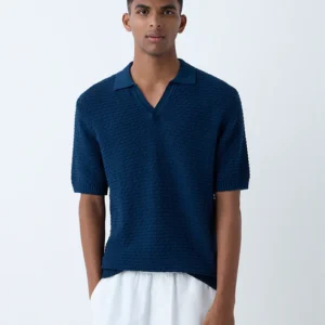 ETA Indigo Knit-Textured Relaxed-Fit Cotton Polo T-Shirt