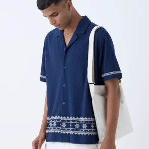 ETA Navy Embroidered Relaxed-Fit Cotton Shirt
