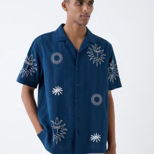 ETA Navy Embroidered Relaxed-Fit Shirt