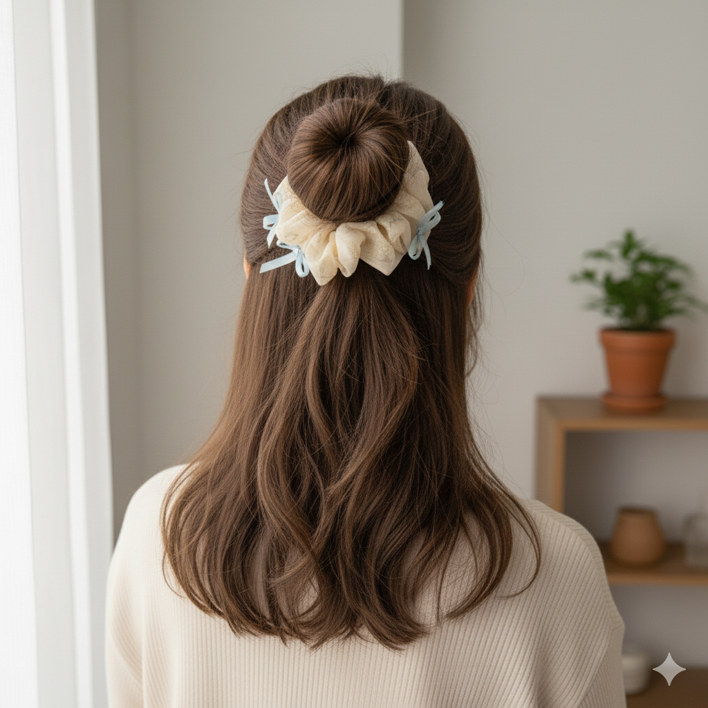 Pastel Bow Scrunchie – Satin Hair Tie with Pink Ribbons - Image 2