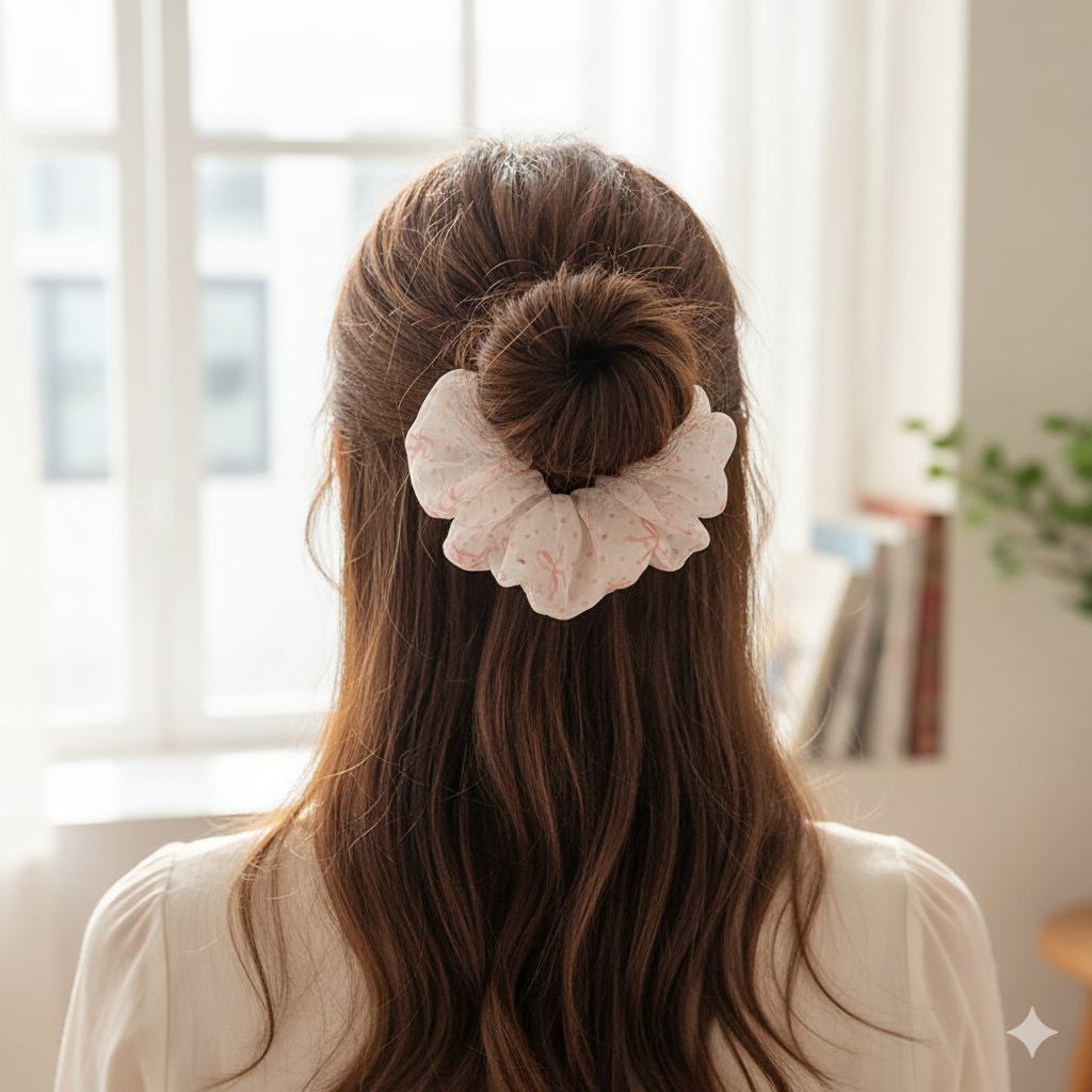 Blush Bow Scrunchie - Cute Polka Dot Hair Tie - Image 2
