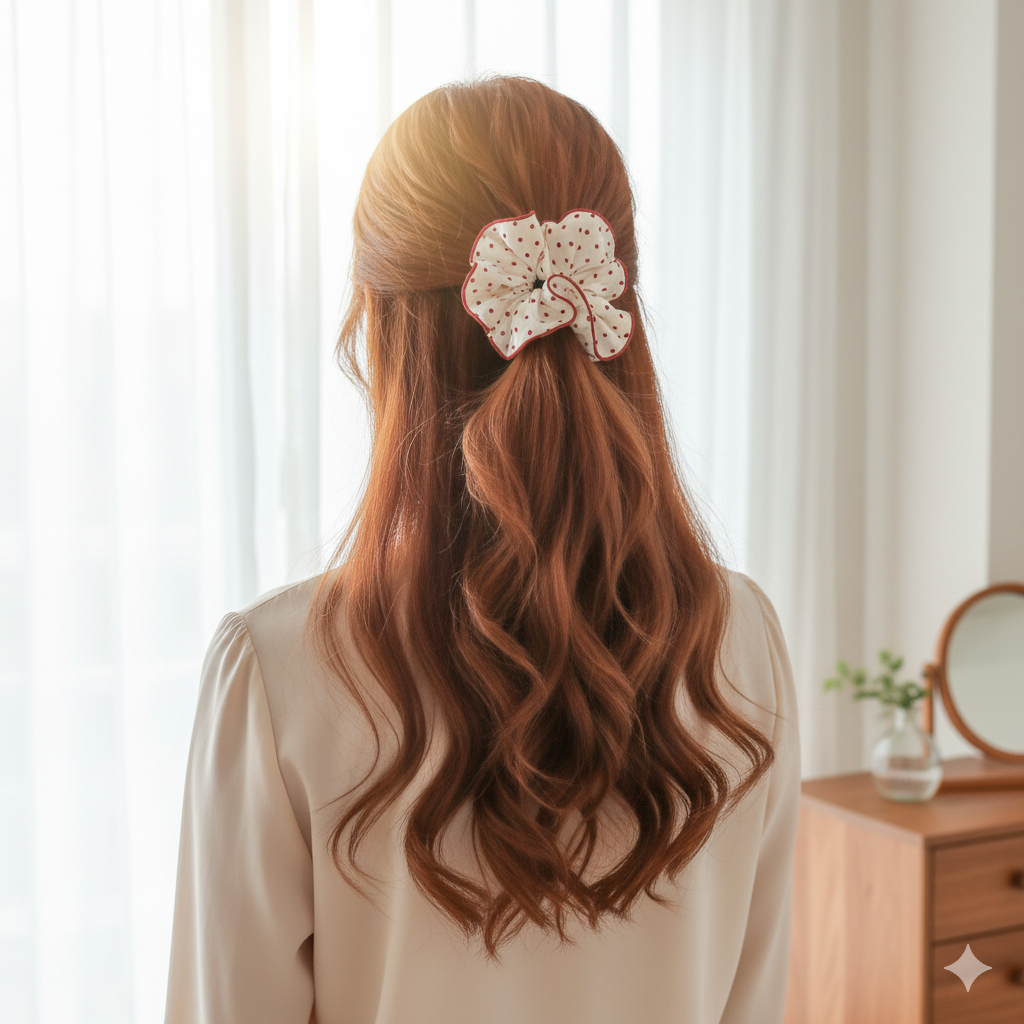 Red Polka Dot Scrunchie – Retro Spot Hair Tie - Image 2