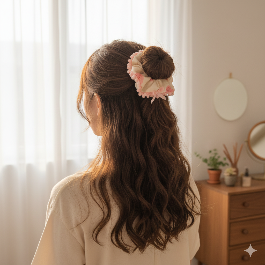Strawberry Kiss Scrunchie – Sweet Pink Bow Hair Tie - Image 2