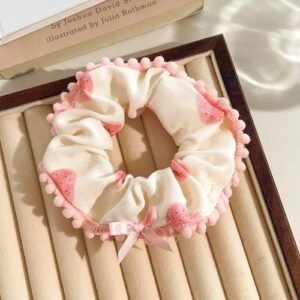 Strawberry Kiss Scrunchie – Sweet Pink Bow Hair Tie