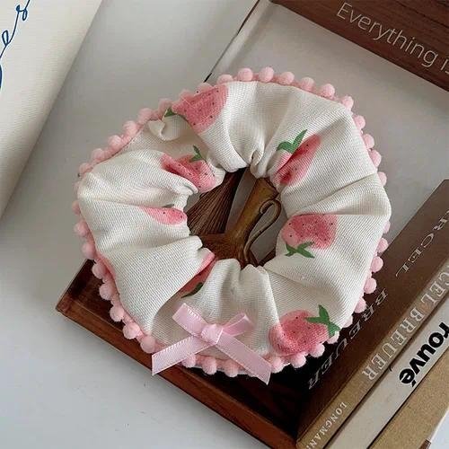 Strawberry Kiss Scrunchie – Sweet Pink Bow Hair Tie - Image 3