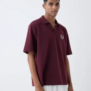 Studiofit Maroon Embroidered Relaxed-Fit Polo T-Shirt