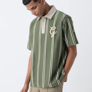 Studiofit Olive Striped Relaxed-Fit Cotton